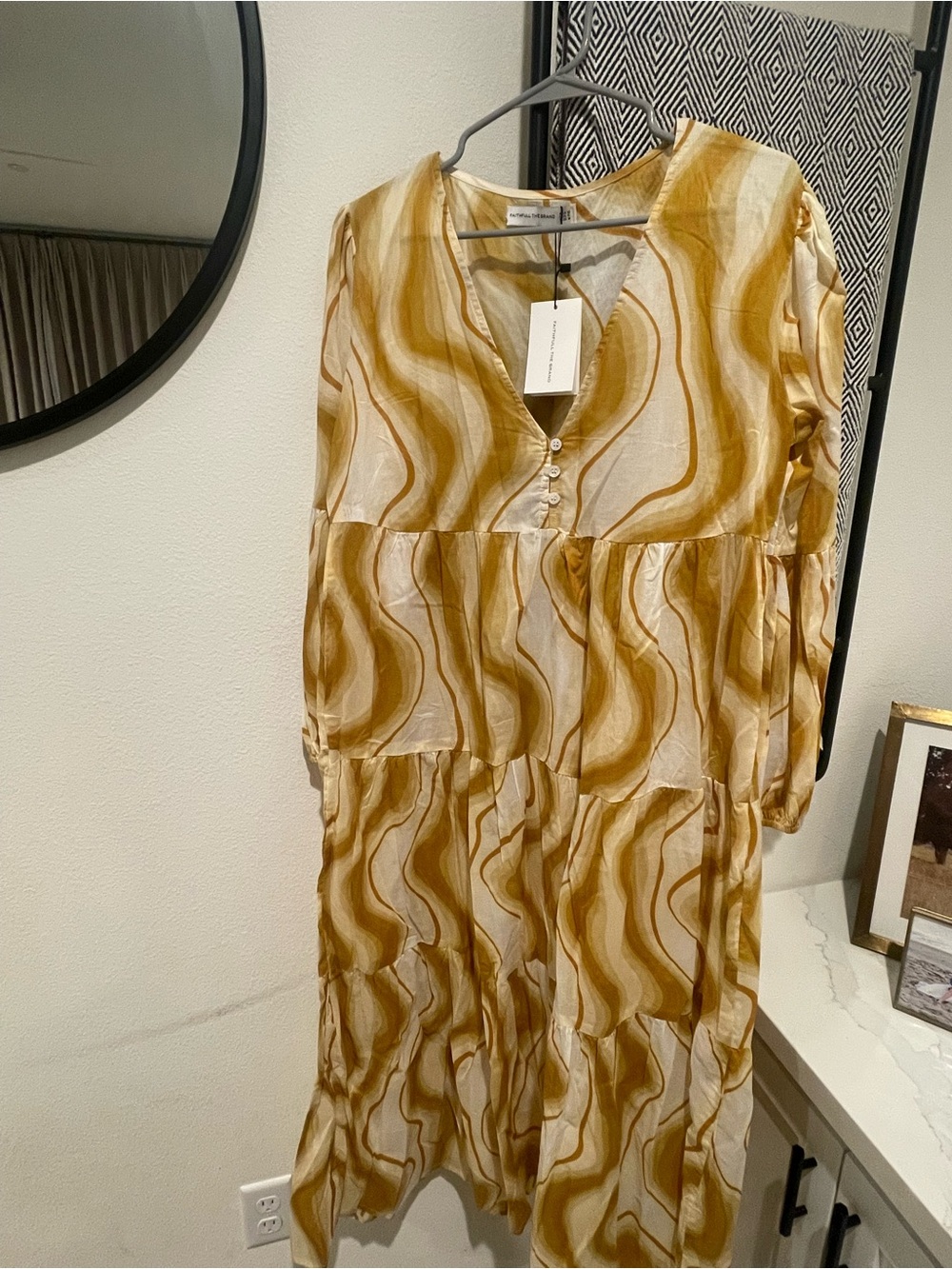 Faithfull the Brand Mustard and Cream Wave Tiered Maxi Dress